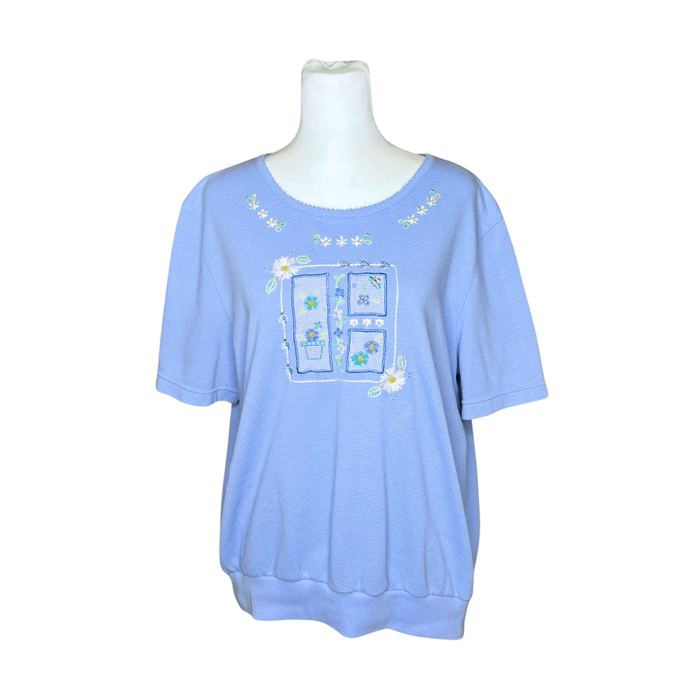 Vtg 90s Embroidered Shirt XL Periwinkle Flower Bees Cottagecore Whimsical Garden